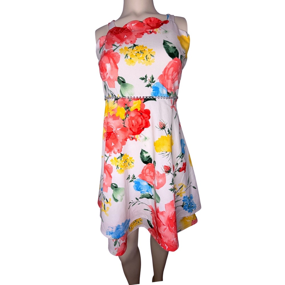 Speechless Girls Floral Scalloped Neck Rhinestone Waist Dress White Coral NEW
